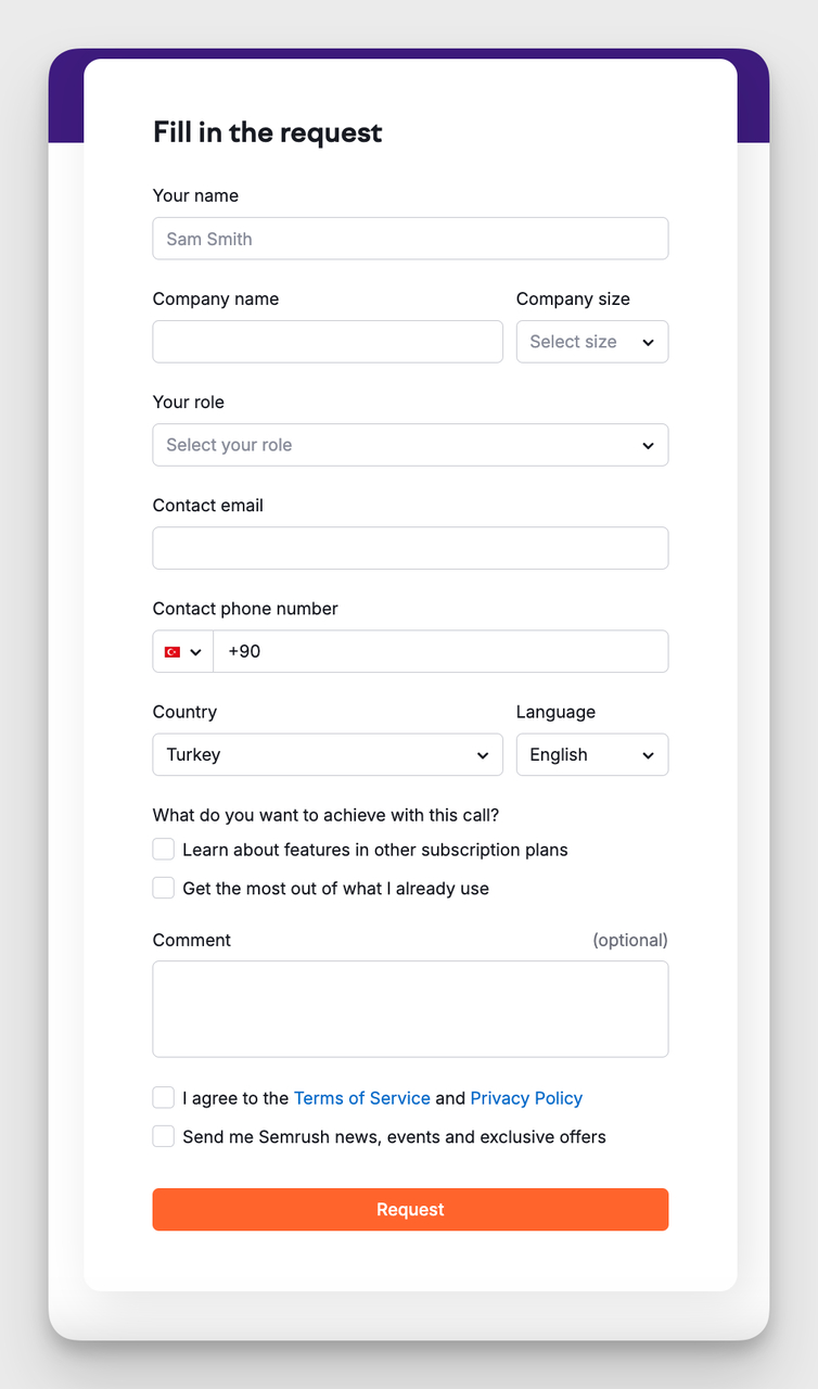 example of a standard contact form example from Semrush