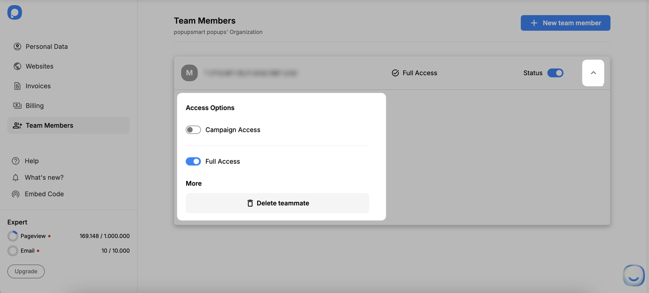 Popupsmart dashboard manage the permissions of the team member