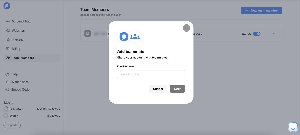 Popupsmart dashboard add teammate