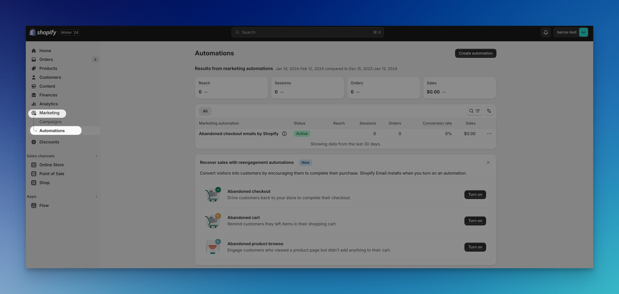 Shopify'de pazarlama ve otomasyon bölümüne gitmenin ekran görüntüsü