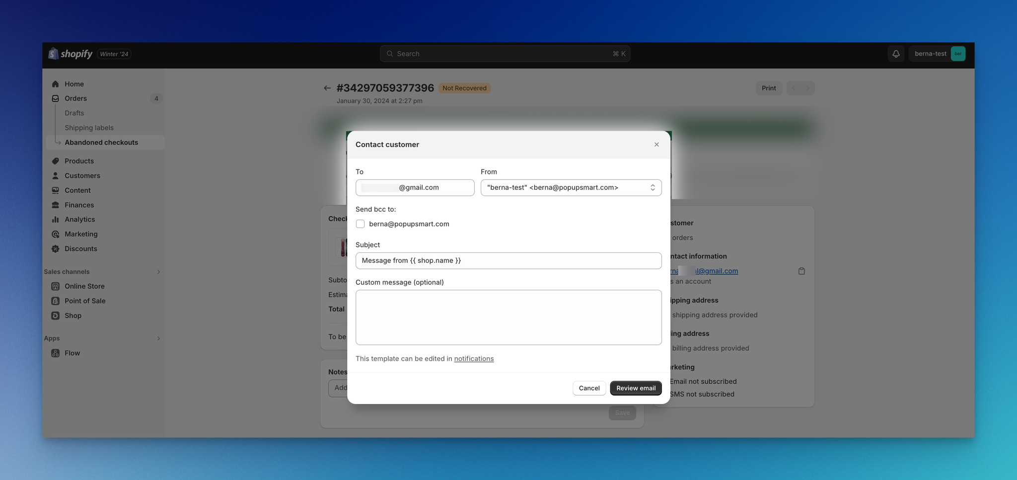 Shopify'de sepeti terk etmiş bir müşteriye ulaşmak için e-posta oluşturma ekran görüntüsü