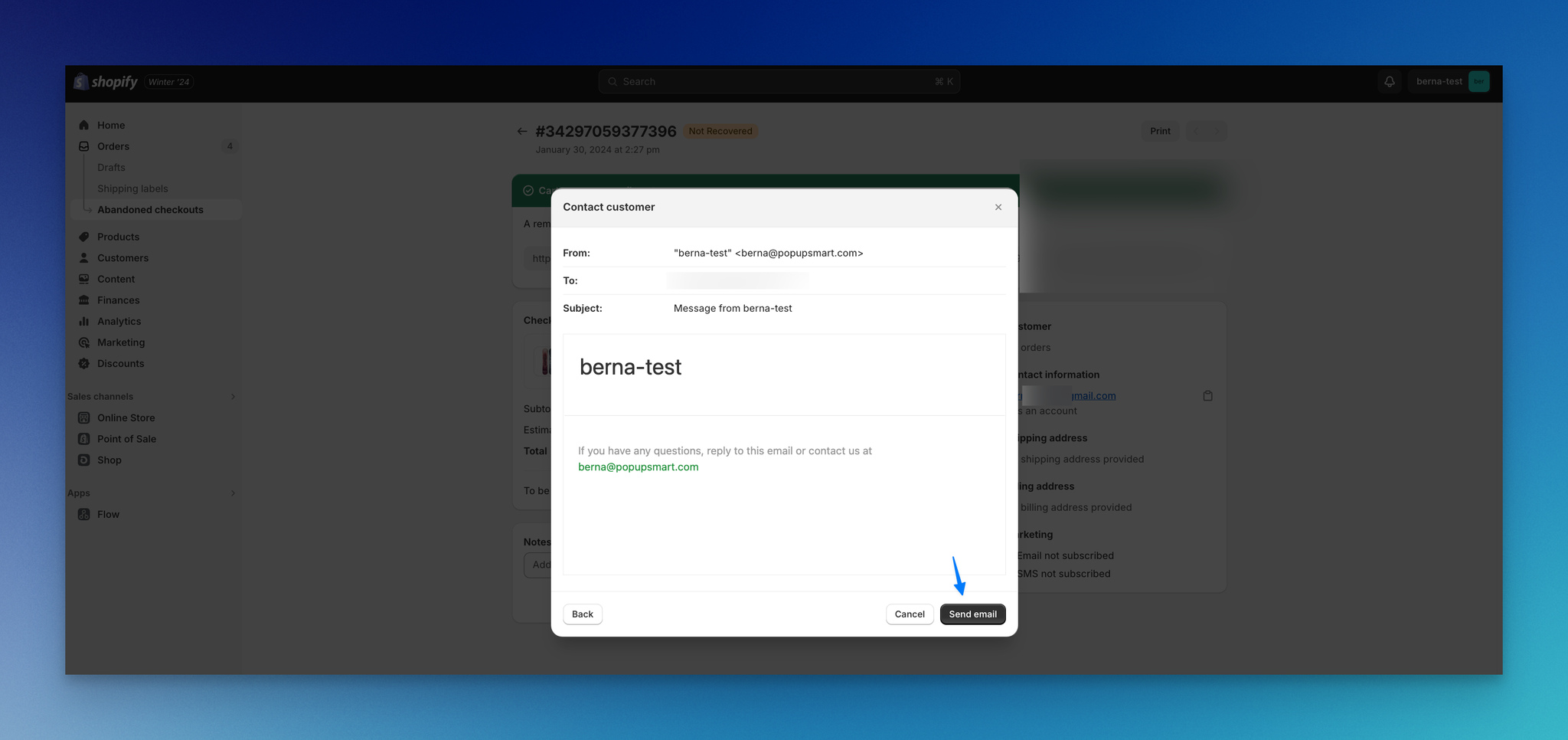 Shopify'de manuel sepet hatırlatma e-postalarını göndermek için e-posta gönder butonuna tıklama ekran görüntüsü