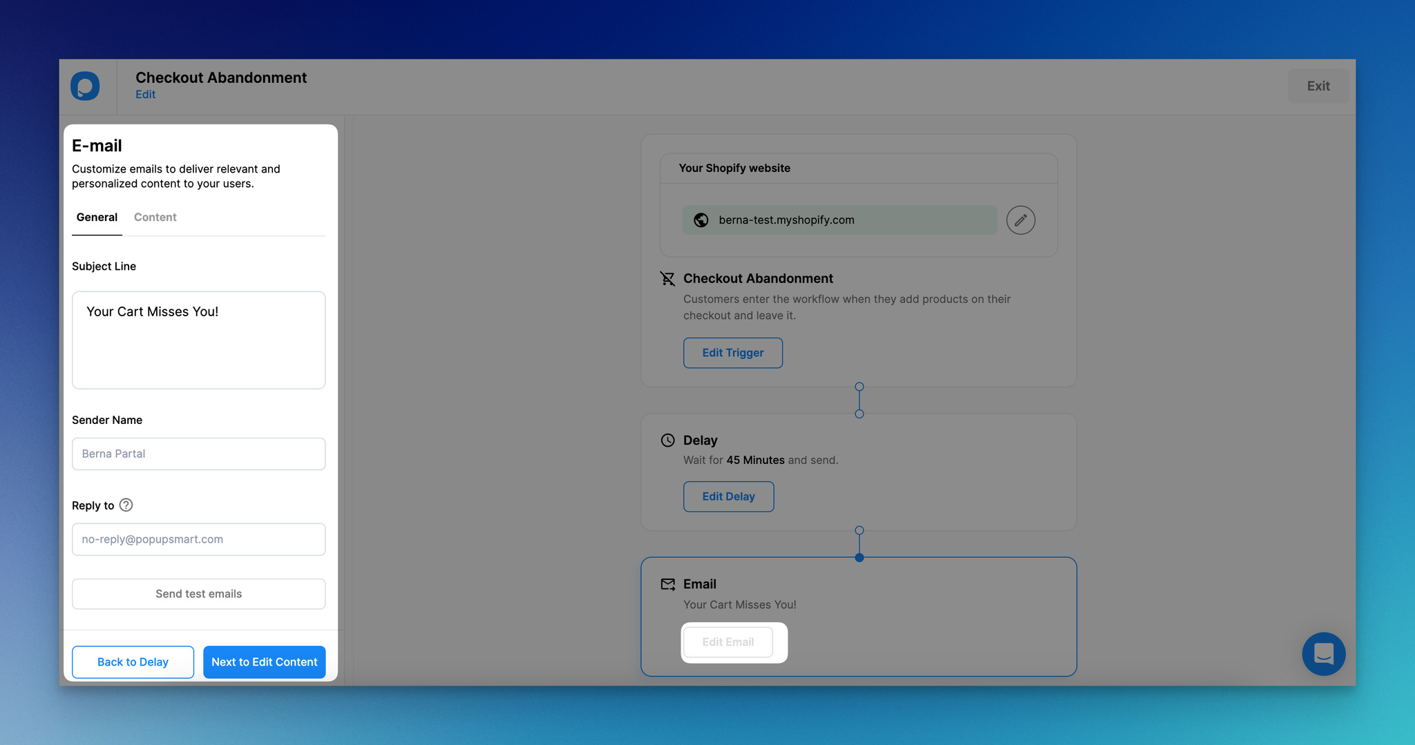 Popupsmart'ta e-posta otomasyonunu özelleştirmek için 'e-postayı düzenle' düğmesine tıklamanın ekran görüntüsü