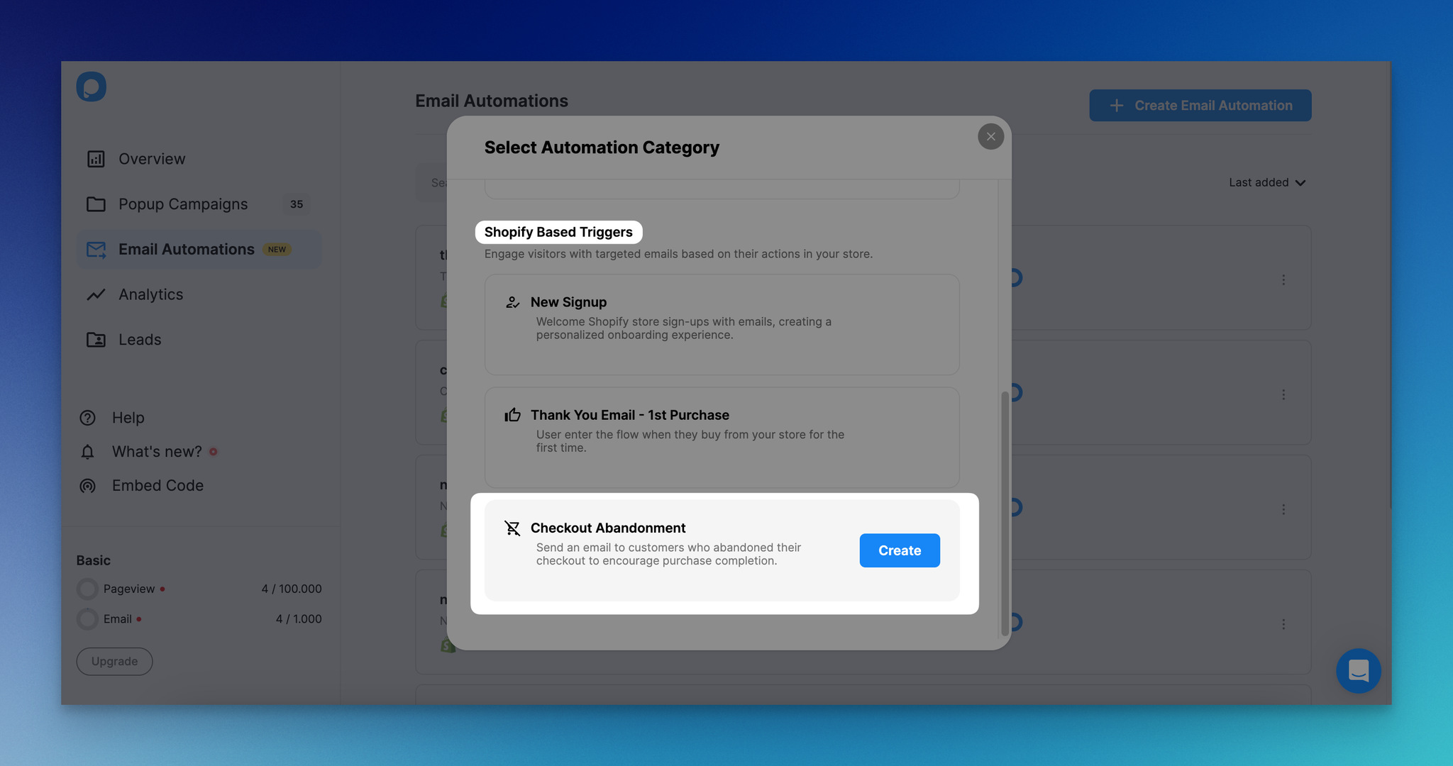 Popupsmart'ta Shopify tabanlı tetikleyiciler altında sepeti terk etmeyi seçmenin ekran görüntüsü