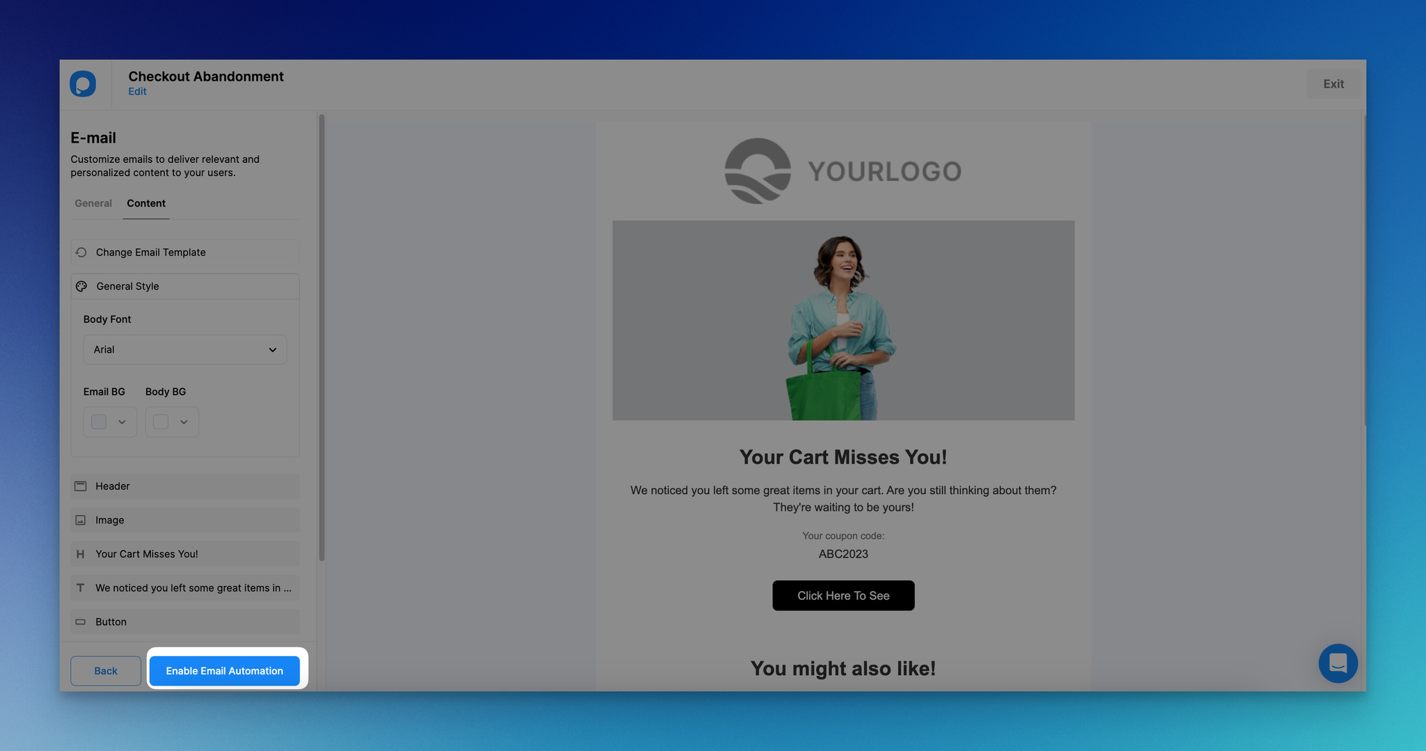 Popupsmart'ta e-posta otomasyonunu etkinleştirme düğmesine tıklamanın ekran görüntüsü