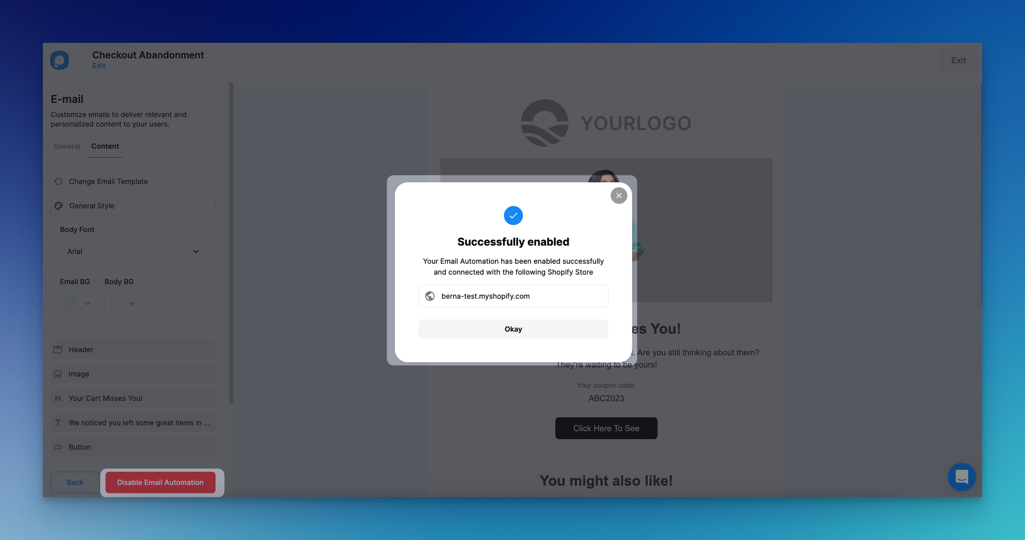 Popupsmart'ta başarıyla etkinleştirilen modal ve e-posta otomasyonunu devre dışı bırakın bölümlerinin ekran görüntüsü