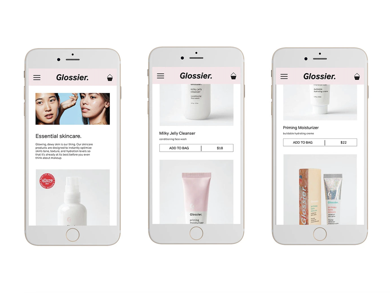 Glossier's mobile website's image exemplifying responsiveness.
