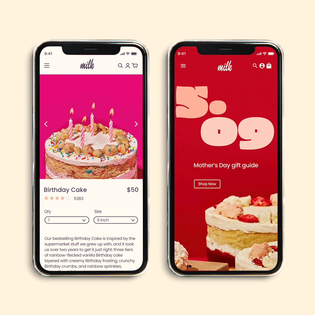 Milk Bar's mobile website's image exemplifying responsiveness.