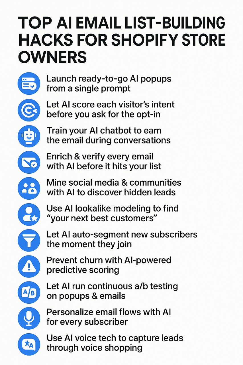 Top AI email list building hacks for Shopify store owners – strategies like AI popups, AI chatbots, predictive scoring, and email segmentation