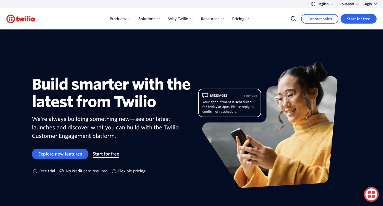 Twilio ana sayfası – WhatsApp Business API ve müşteri iletişim otomasyonu sağlayan bulut tabanlı platform.