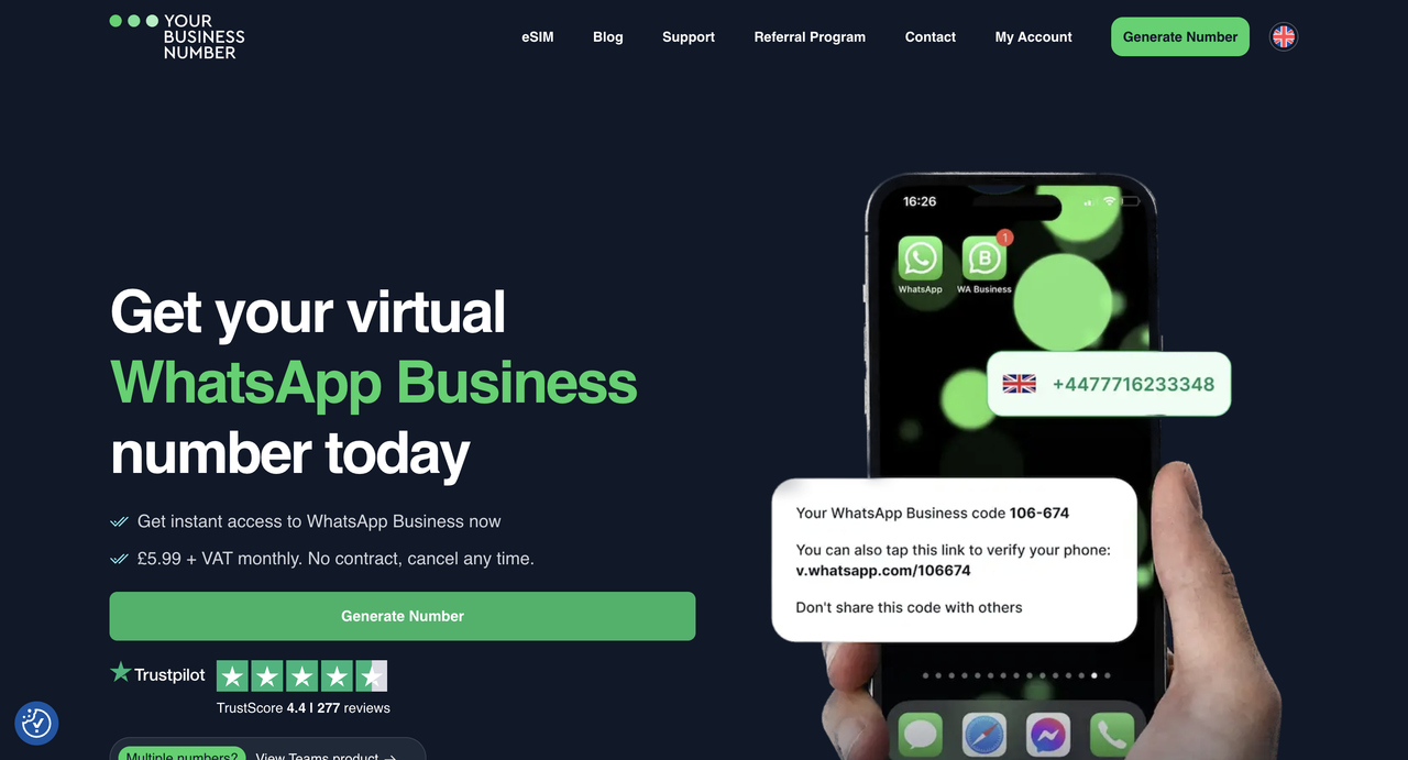 Your Business Number web sitesi – WhatsApp Business doğrulaması için sanal numara oluşturma ekranı.