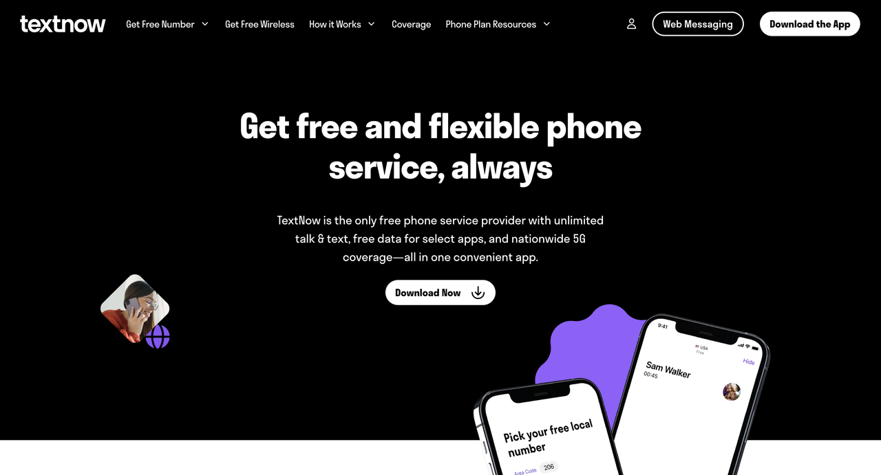 TextNow web sitesi – Ücretsiz ABD telefon numarası sağlayan çağrı ve mesajlaşma uygulaması.