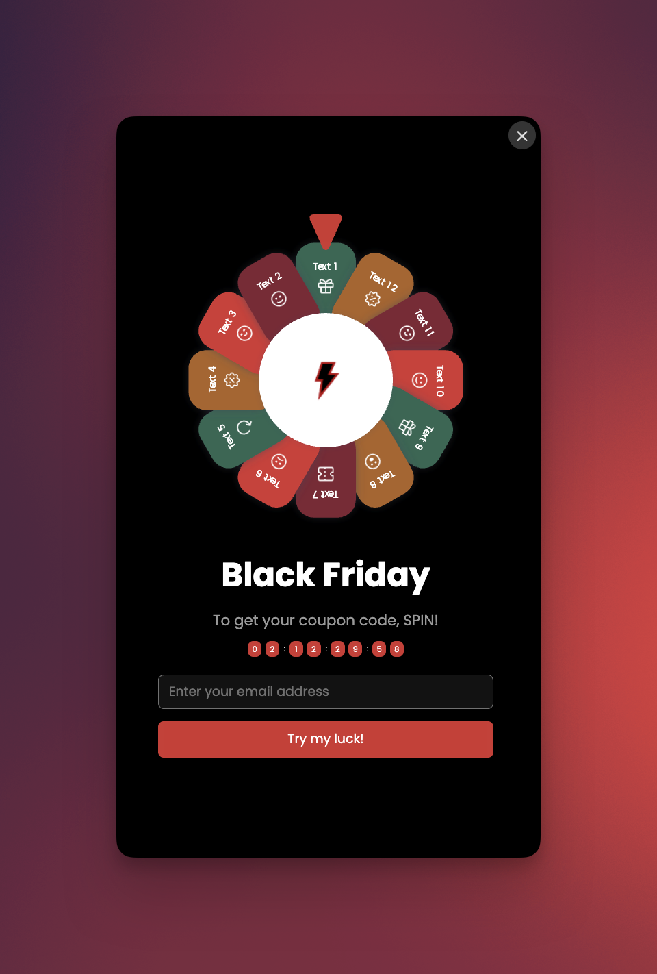 Gamified Black Friday popup featuring a spin-to-win wheel and email signup.