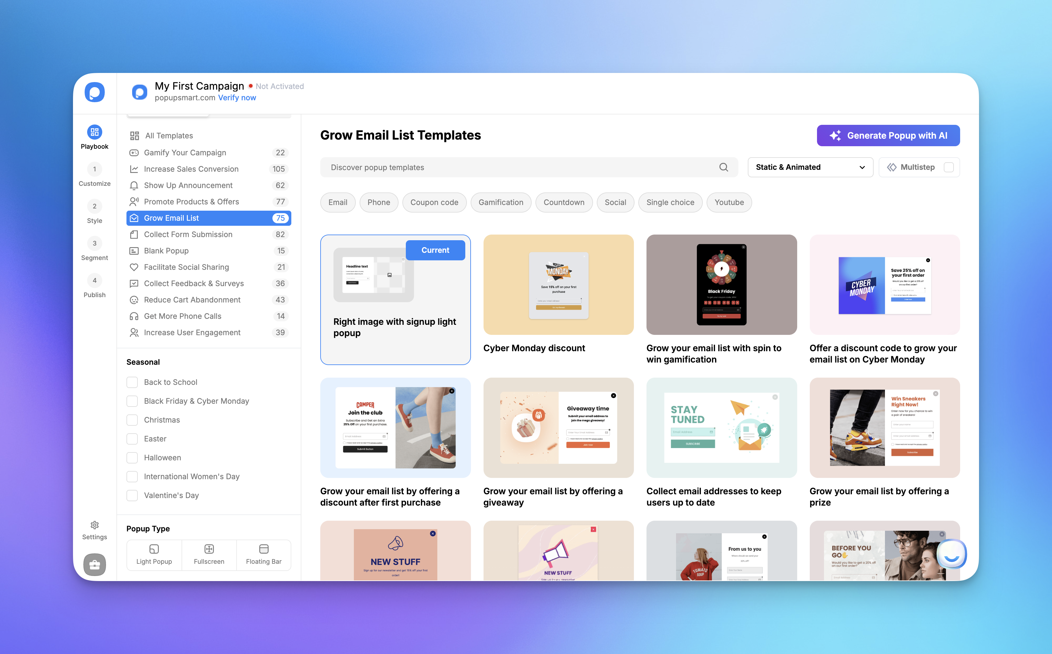 Popupsmart interface showing different popup templates