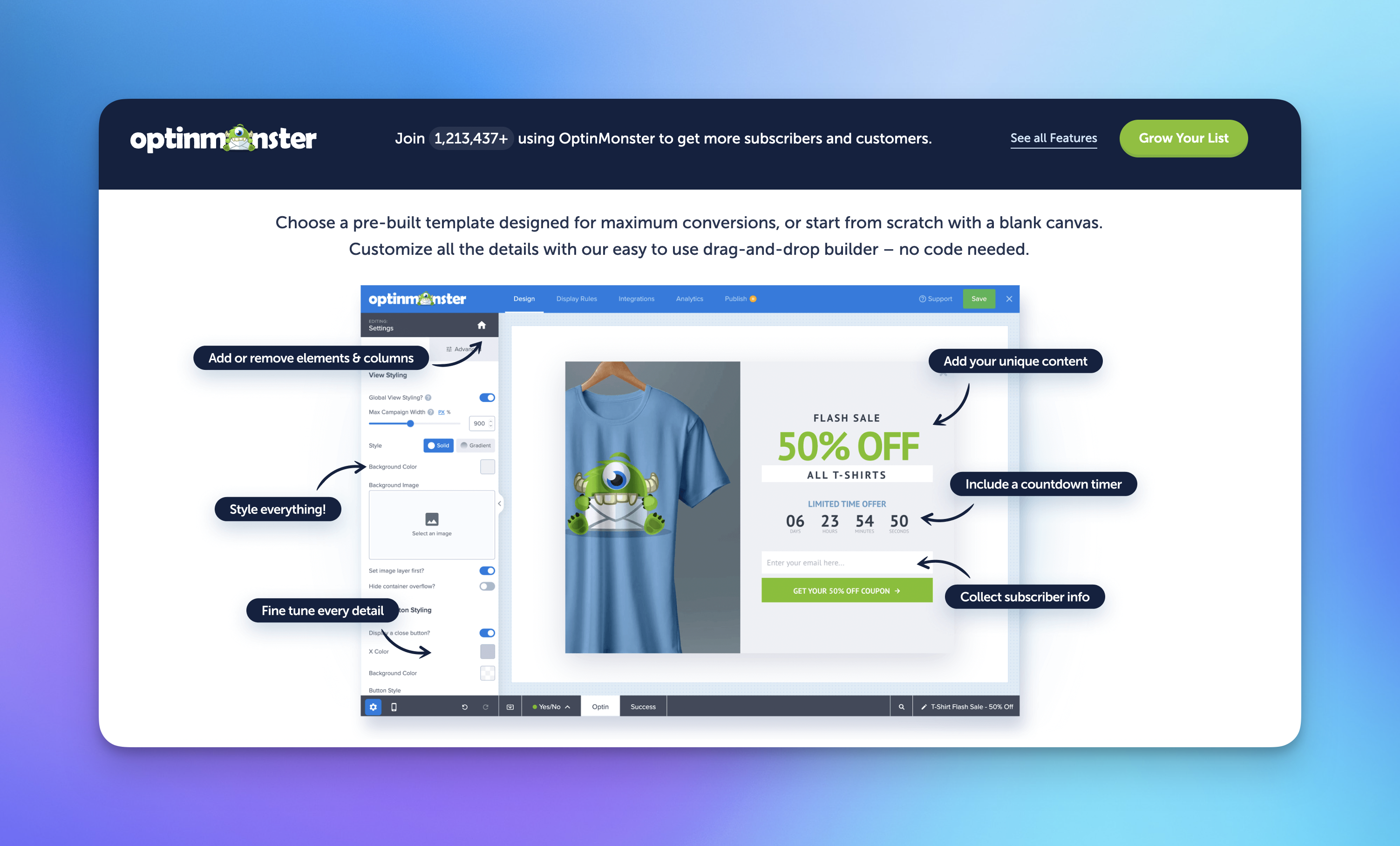 Optinmonster website screenshot showing a popup template with a tshirt in it.