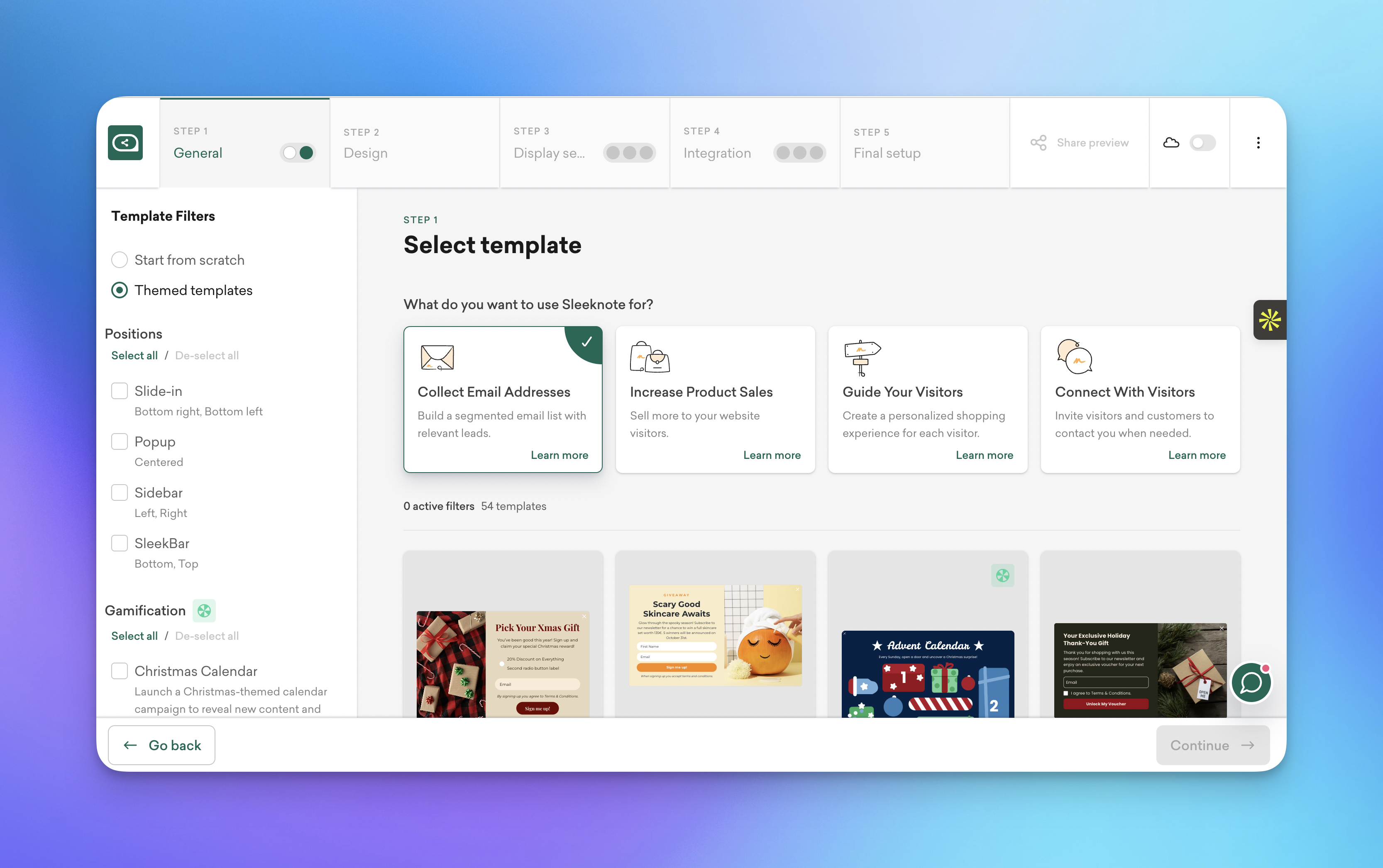 Sleeknote's Product Interface Showing Campaign Process Steps.
