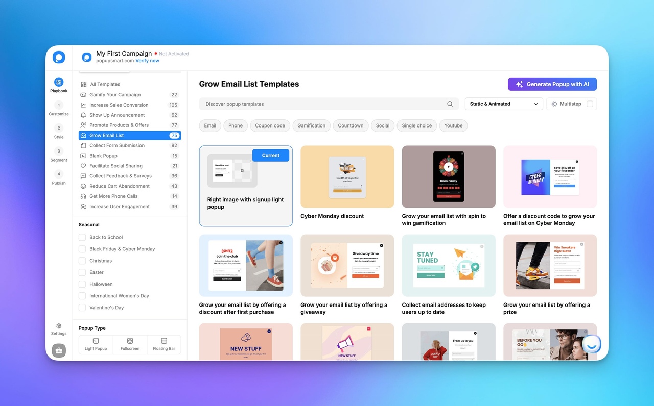 Popupsmart interface showing different popup templates