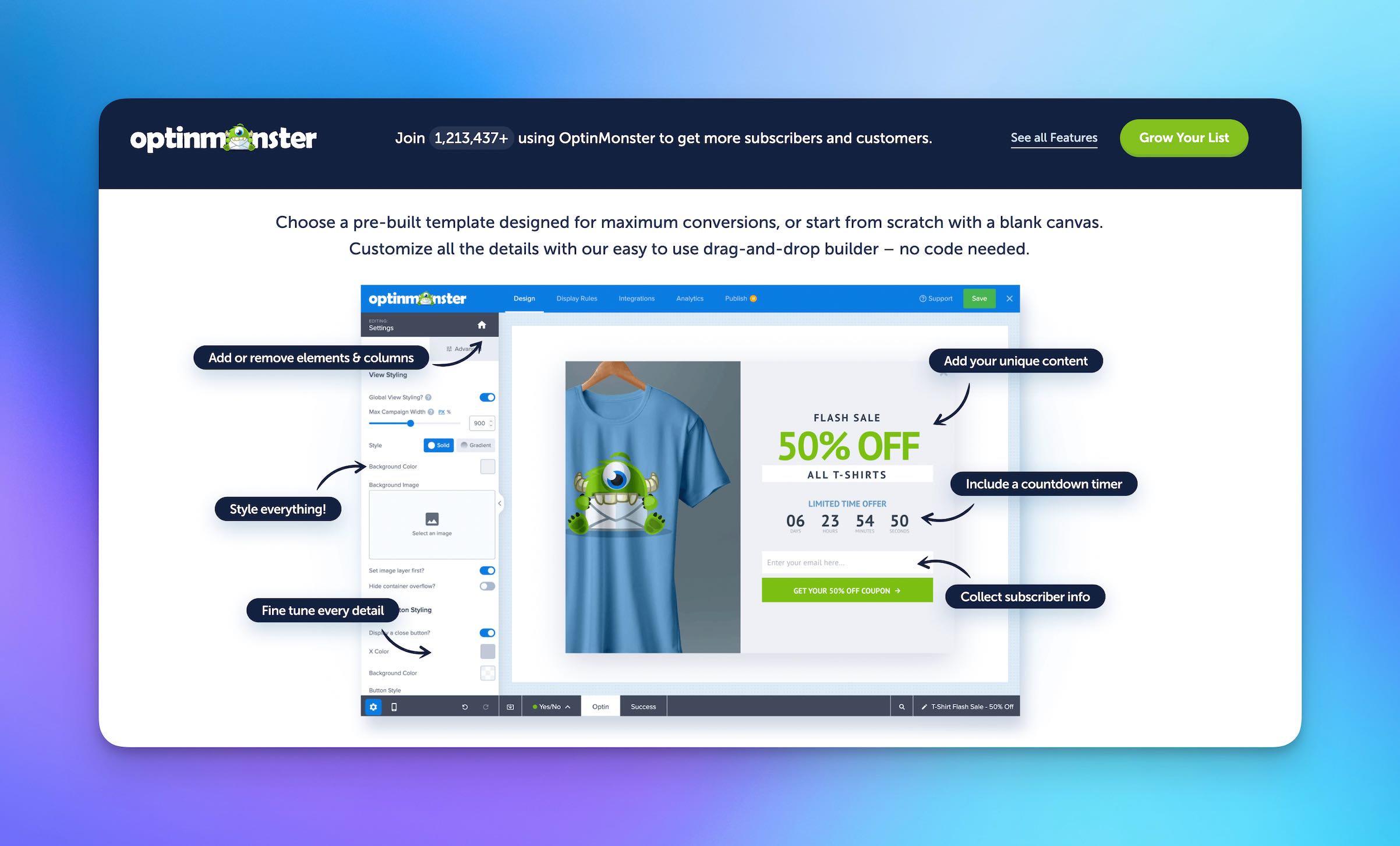 Optinmonster website screenshot showing a popup template with a tshirt in it.