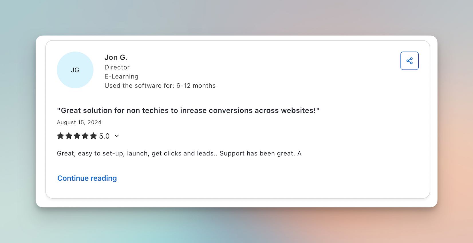 Screenshot of a Capterra user review for Poptin highlighting customer feedback and experience.