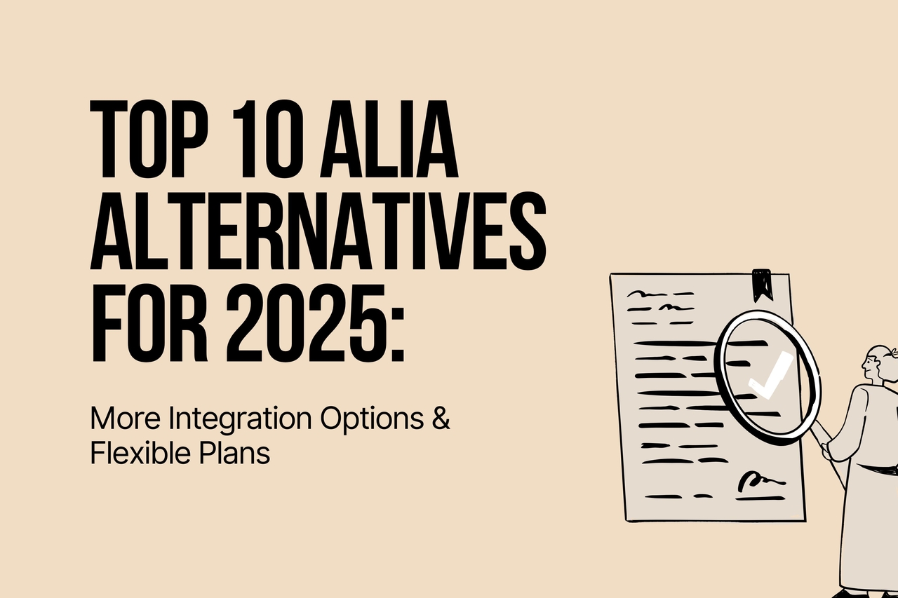 Text graphic titled "Top 10 Alia Alternatives for 2025" highlighting integration options and flexible plans, with a magnifying glass and checklist illustration.