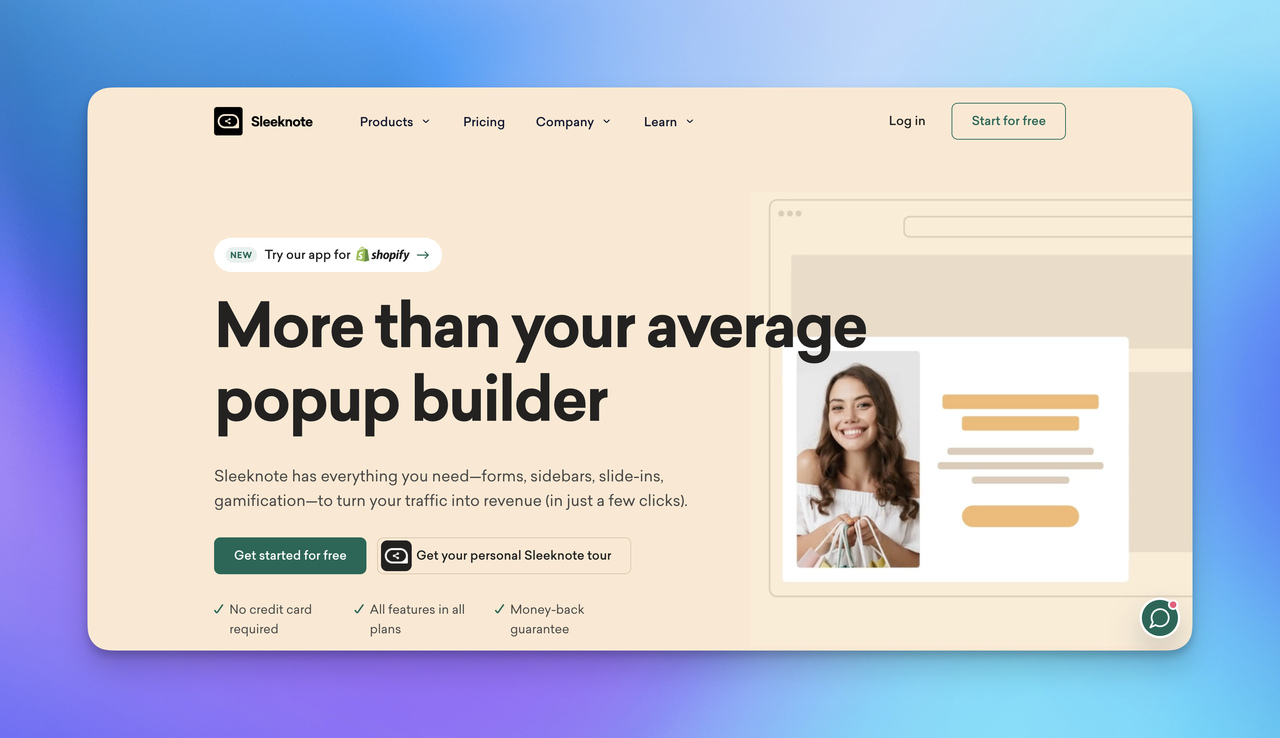 Sleeknote homepage showcasing a popup builder, featuring product details and a call to action for a personal tour.