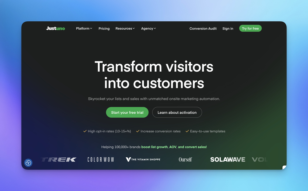A screenshot of Justuno's homepage.