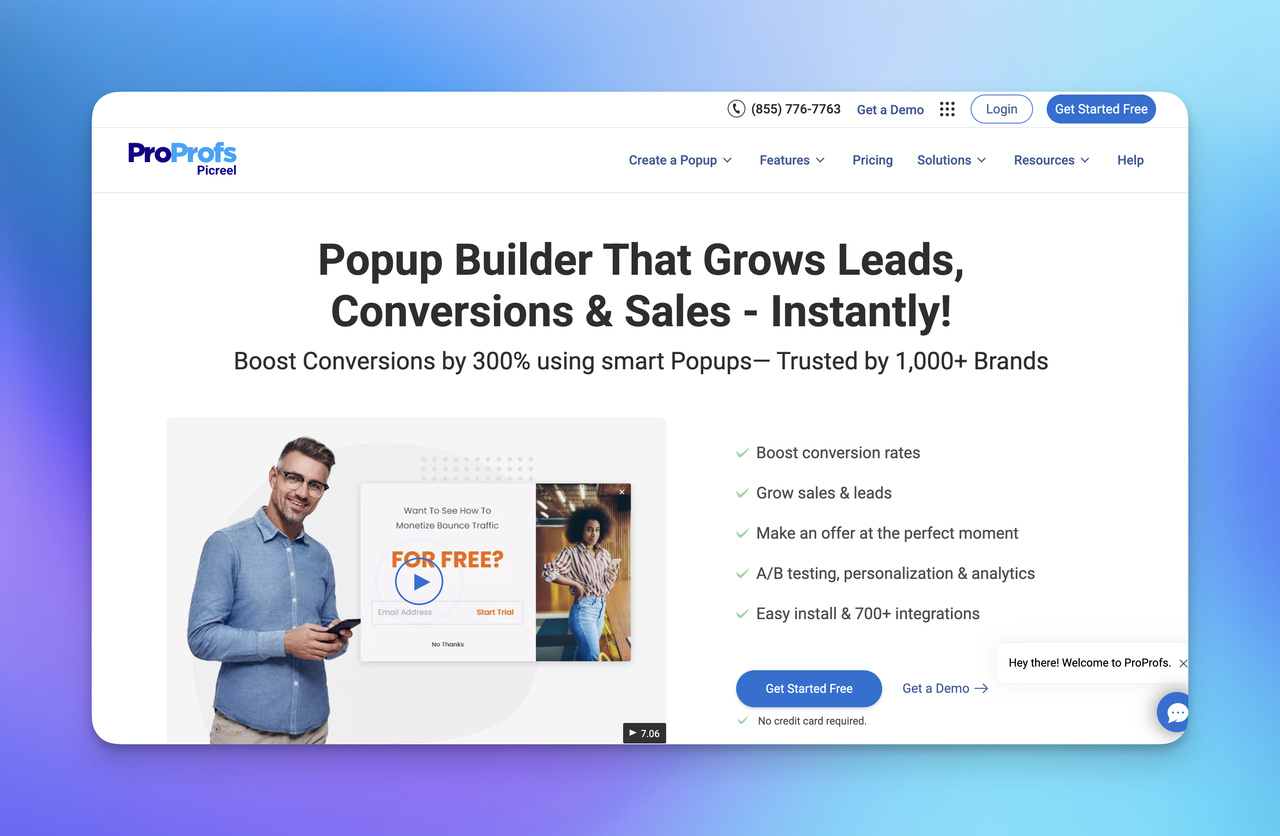 A screenshot of Picreel's homepage.