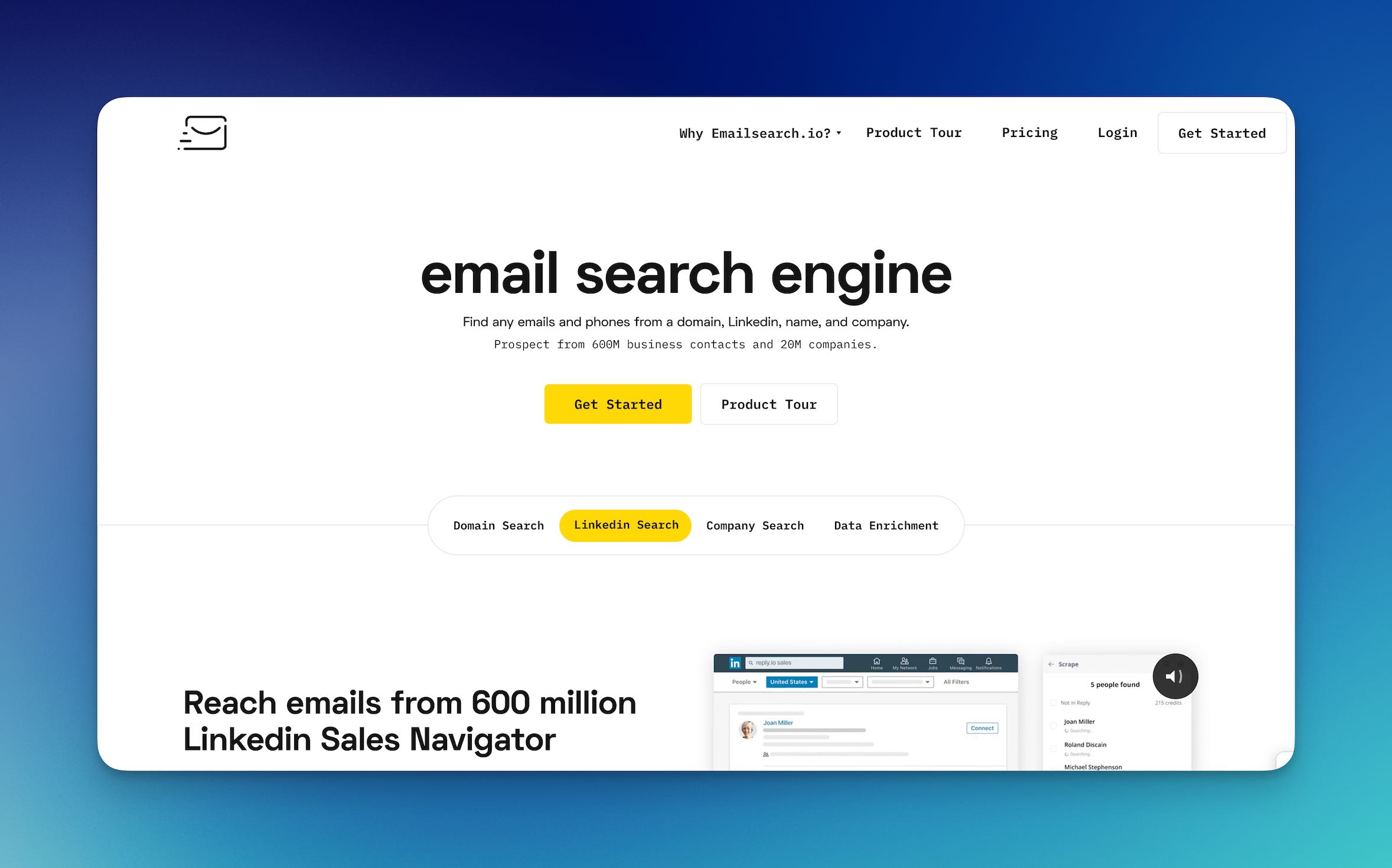 Screenshot of emailsearch.io homepage showing the main dashboard and email finder features
