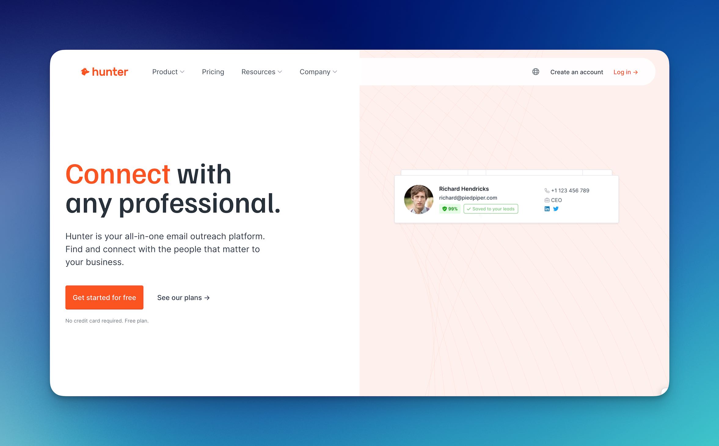 Screenshot of hunter.io's homepage showing the main dashboard and email finder features.