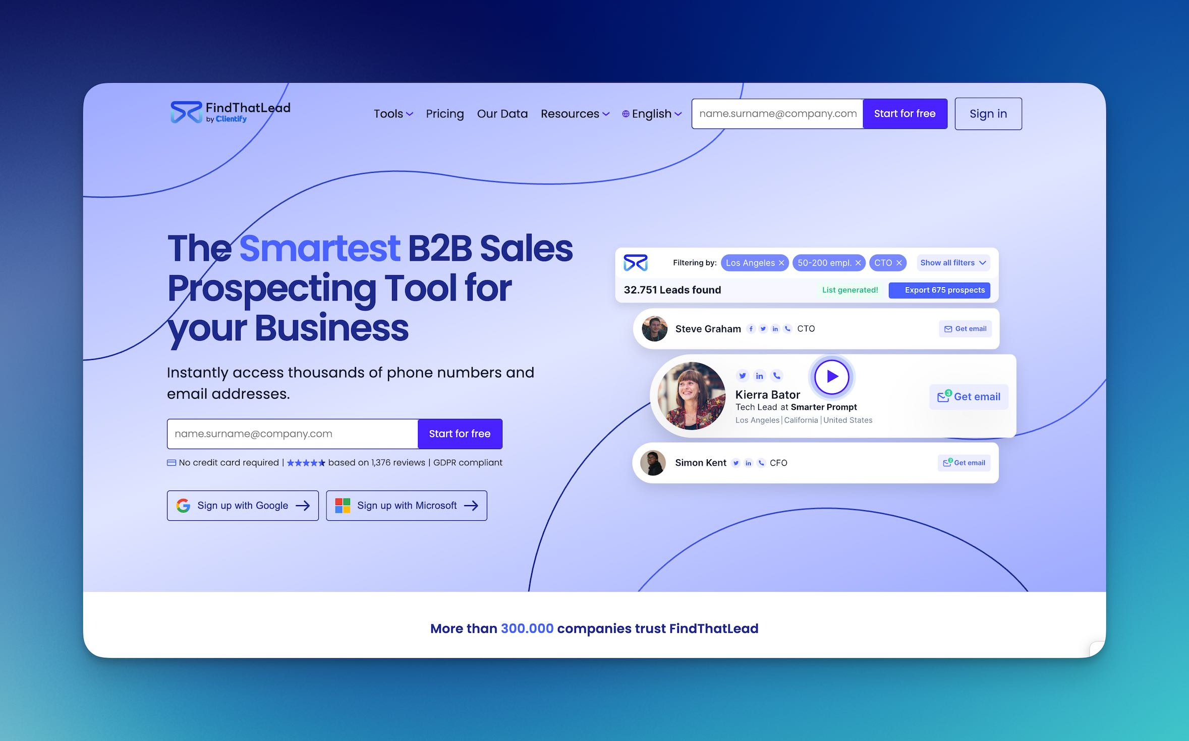 Screenshot of FindThatLead's homepage showing the main dashboard and email finder features.