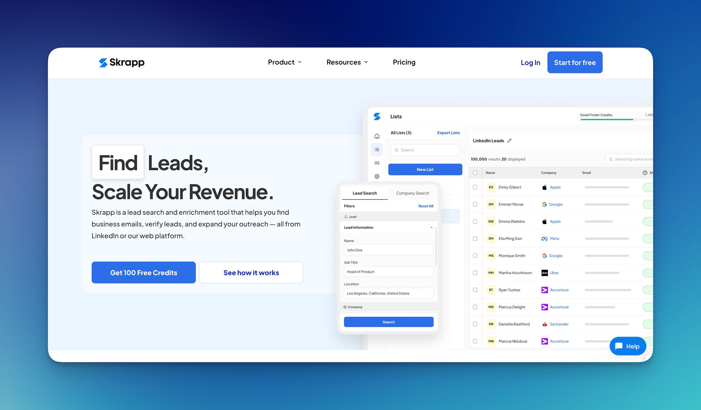 Screenshot of Skrapp's homepage showing the main dashboard and email finder features.