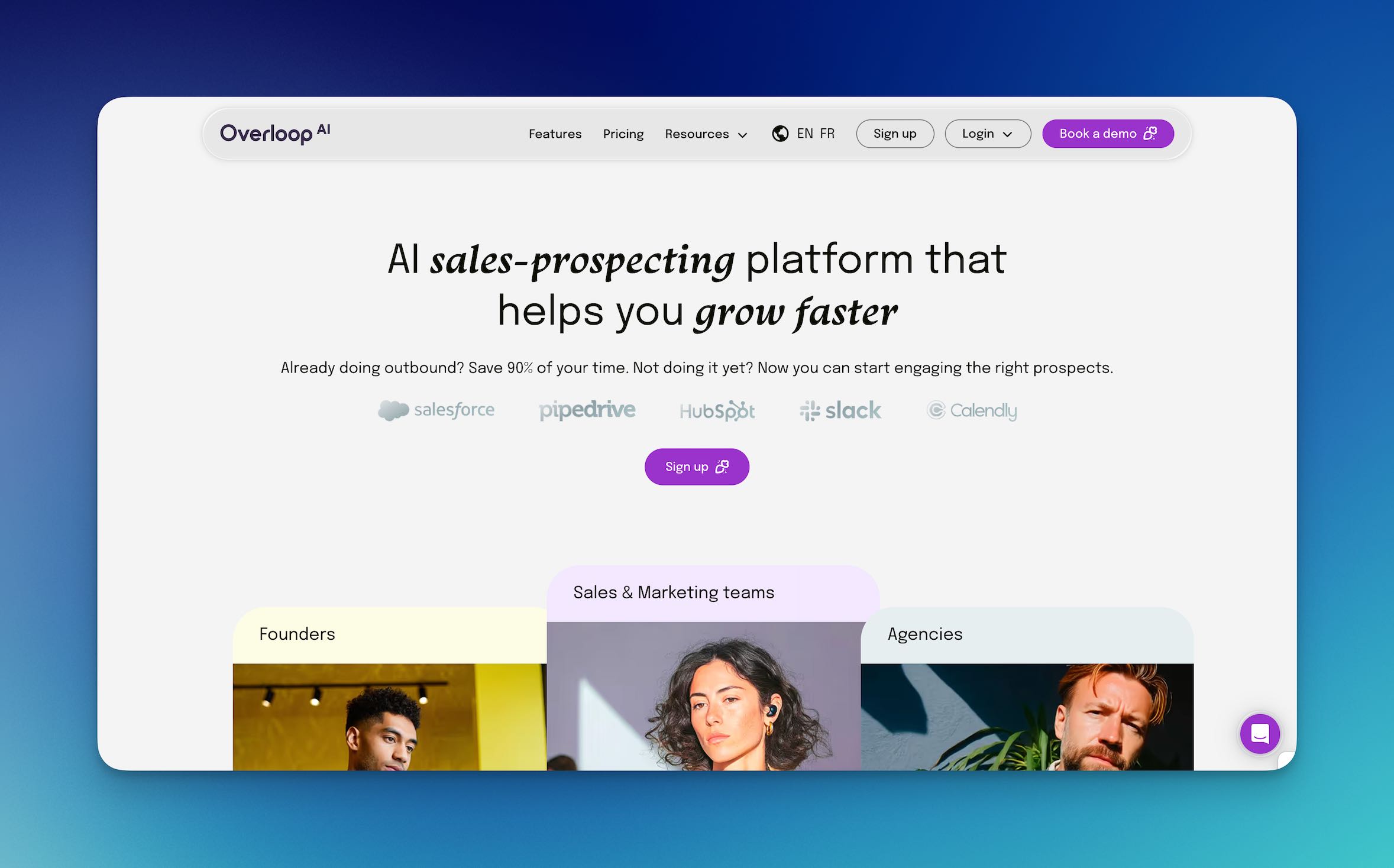 Screenshot of Overloop's homepage showing the main dashboard and email finder features.