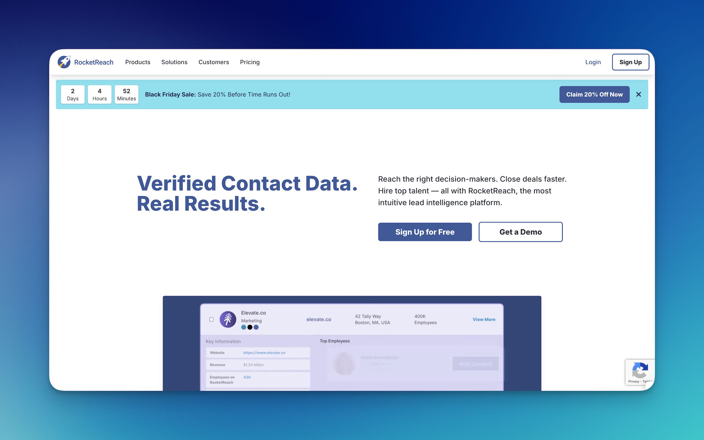 Screenshot of RocketReach's homepage showing the main dashboard and email finder features.