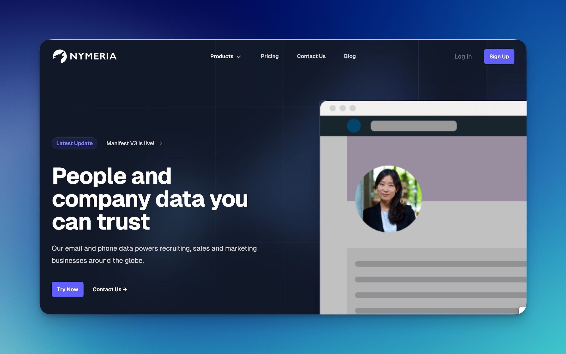 Screenshot of Nymeria's homepage showing the main dashboard and email finder features.