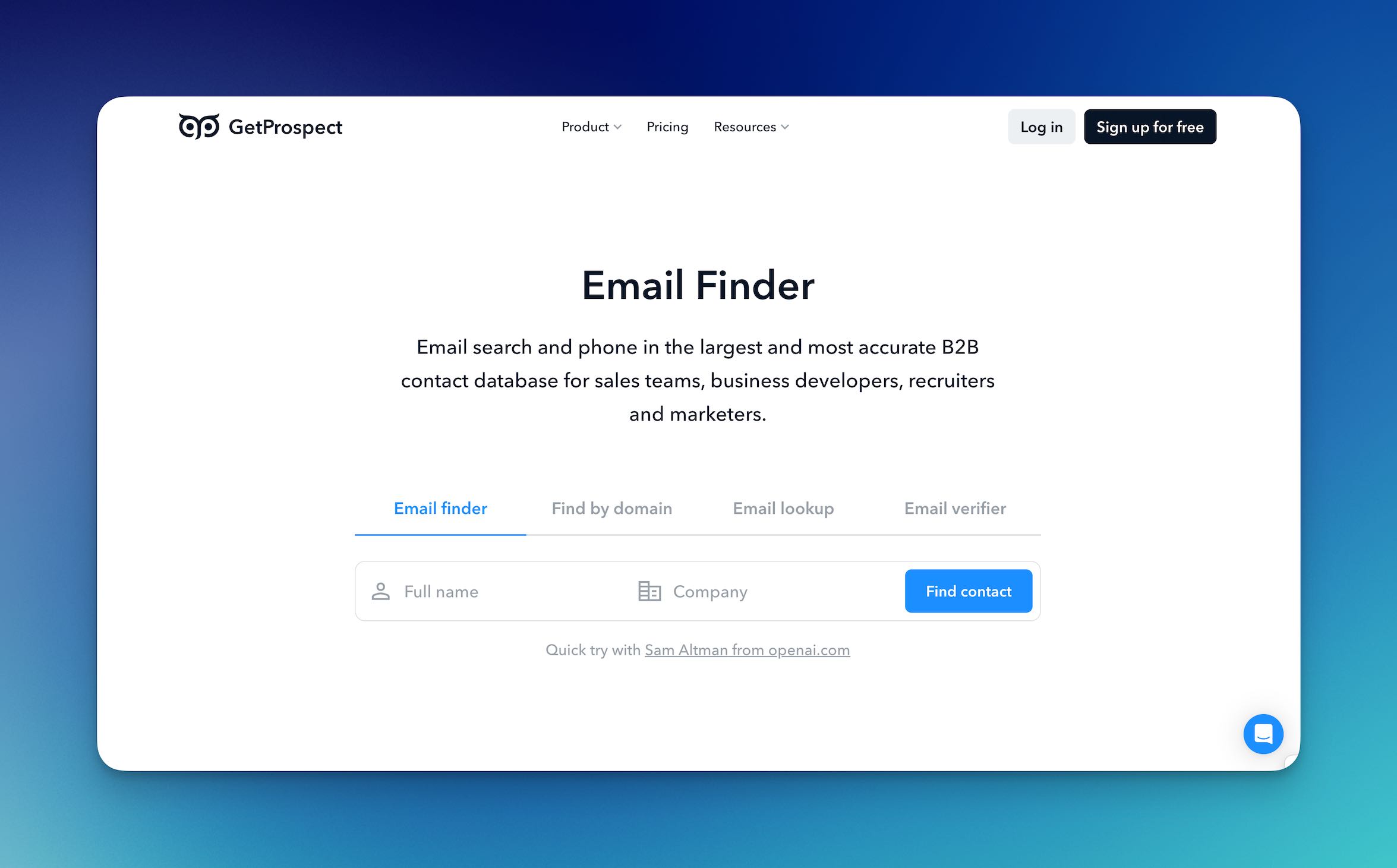 Screenshot of GetProspect's homepage showing the main dashboard and email finder features.
