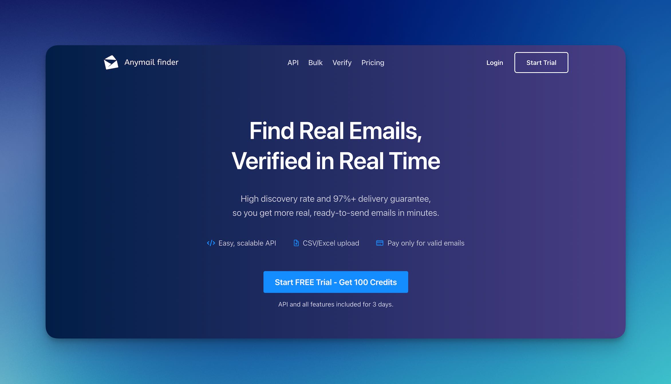 Screenshot of Anymail Finder's homepage showing the main dashboard and email finder features.