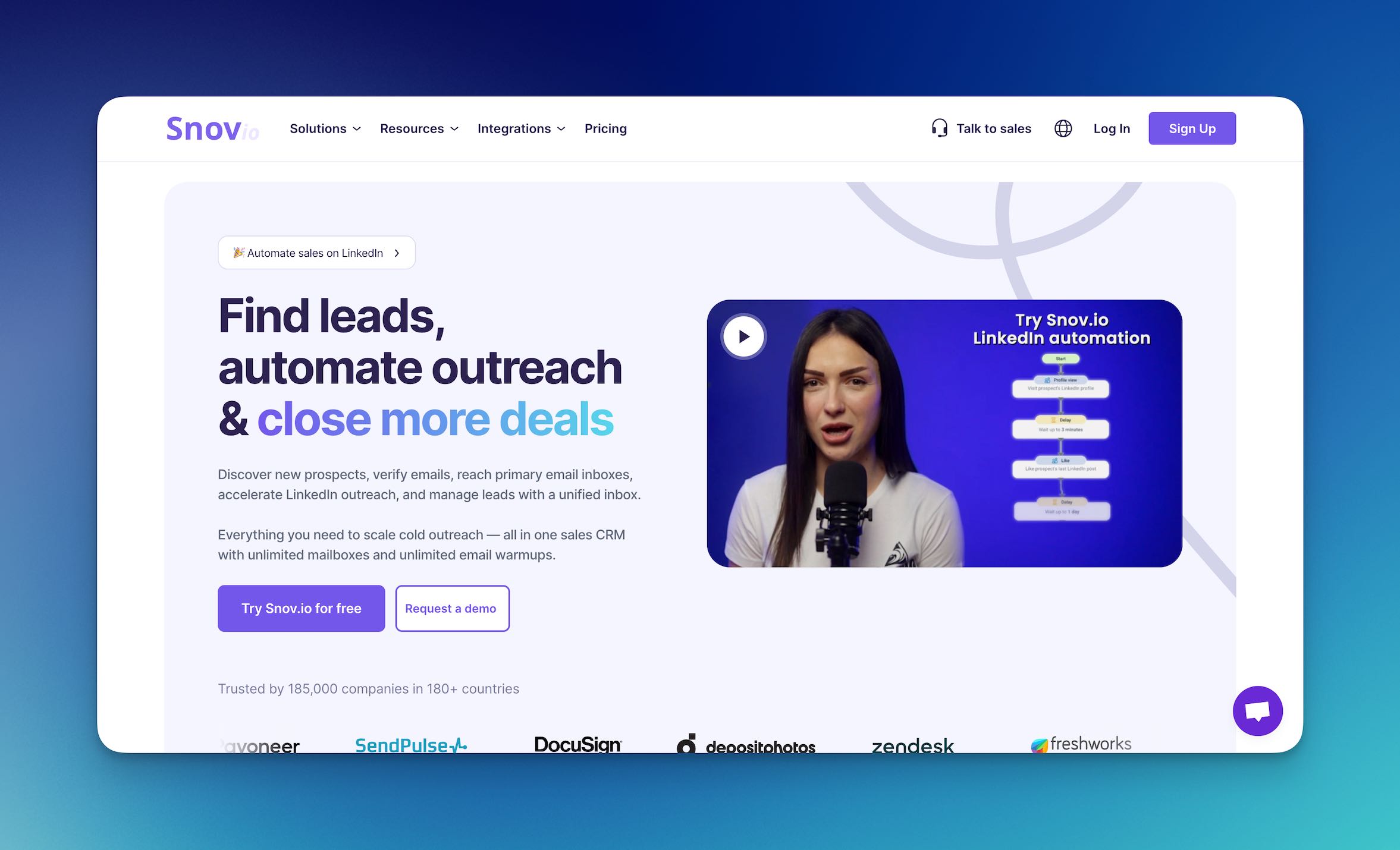 Screenshot of Snov.io's homepage showing the main dashboard and email finder features.