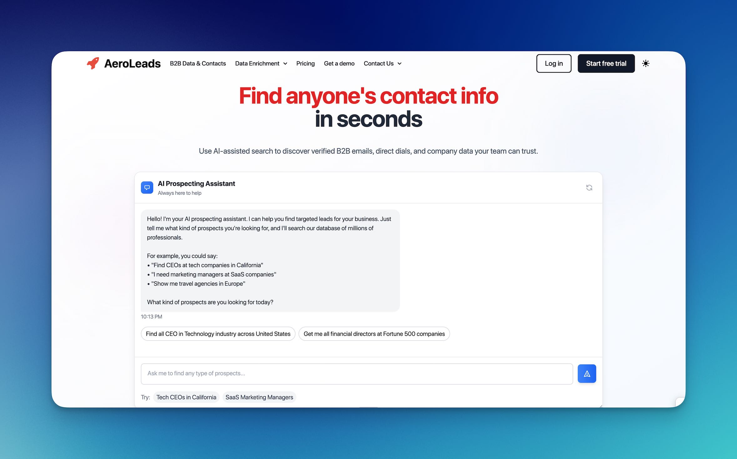 Screenshot of AeroLeads' homepage showing the main dashboard and email finder features.