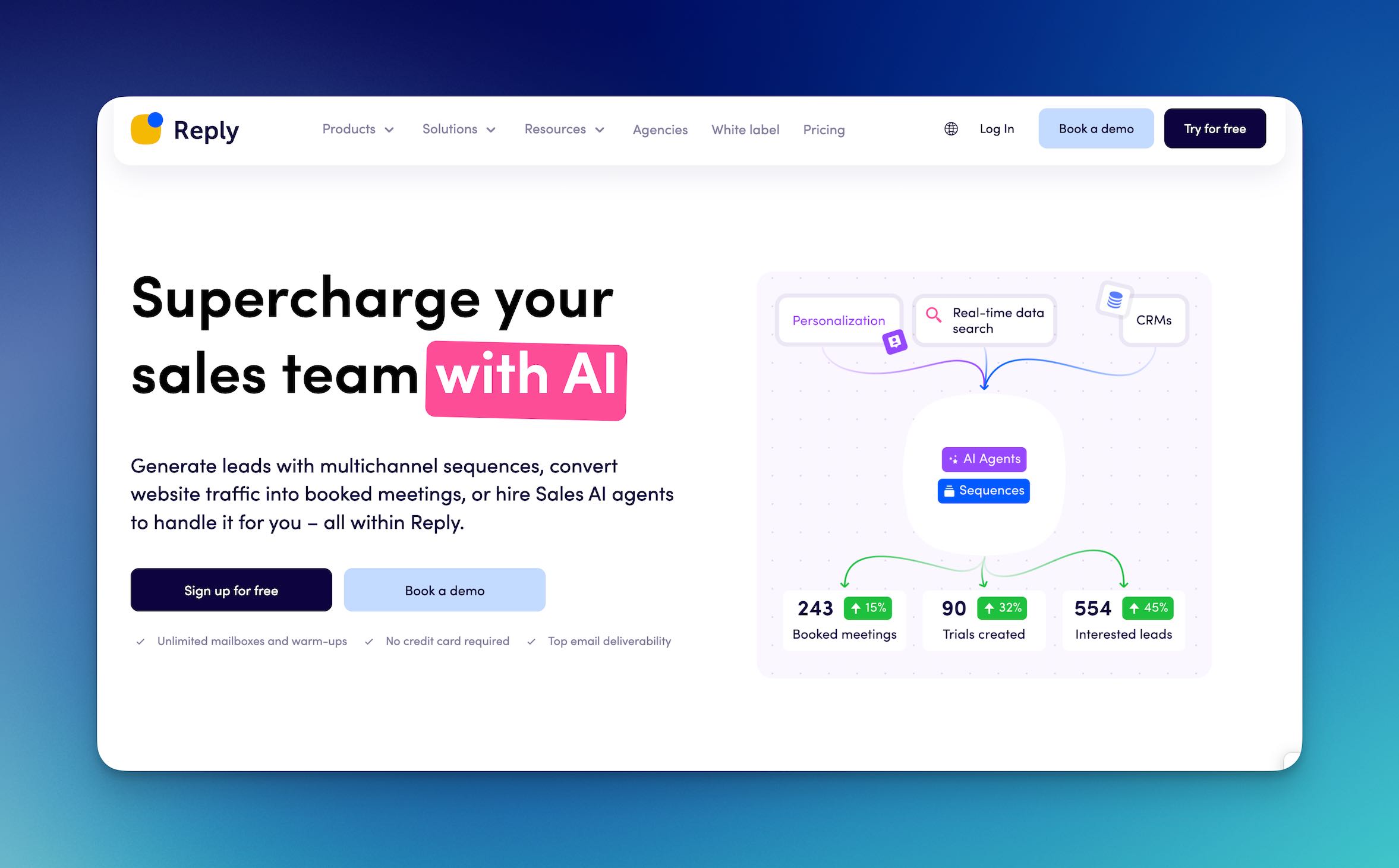 Screenshot of Reply.io's homepage showing the main dashboard and email finder features.
