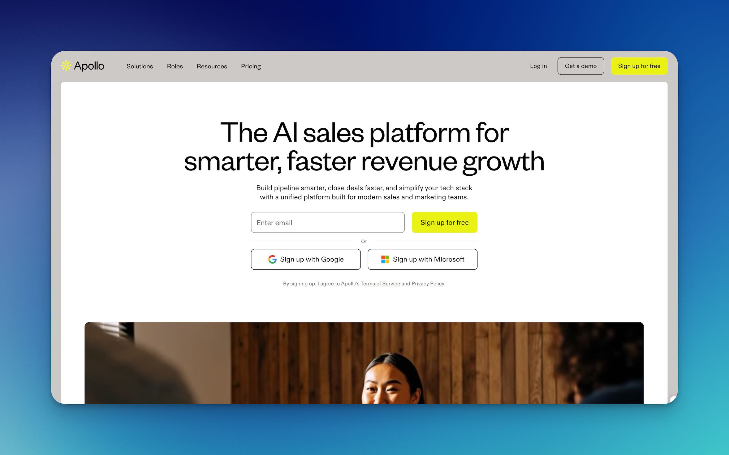 a screenshot of Apollo.io's homapage, an email finder tool.