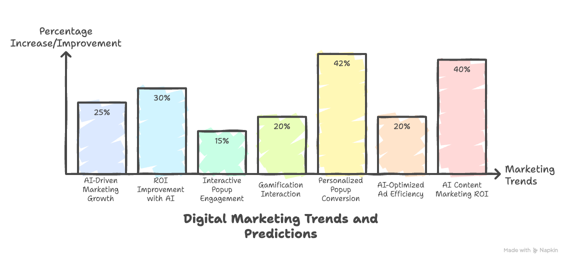 Bar graph showing digital marketing trends and predictions, highlighting percentage increases for various strategies, with "Personalized Popup Conversion" at 42%.