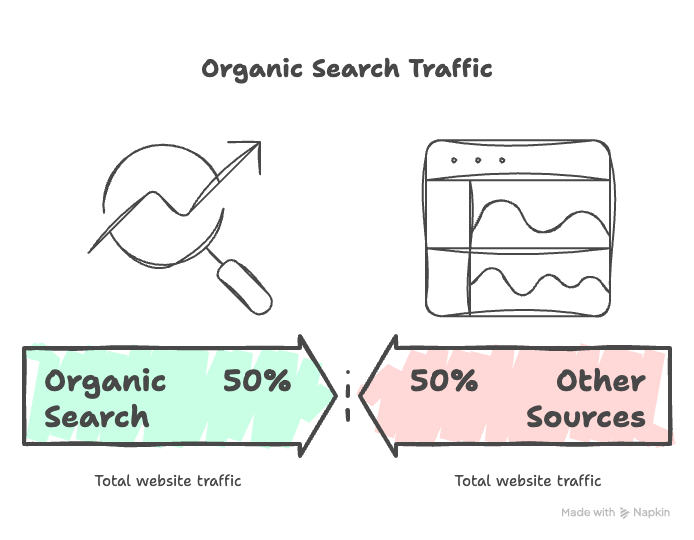 Infographic showing website traffic split: 50% from organic search, 50% from other sources, with relevant icons illustrating each segment.