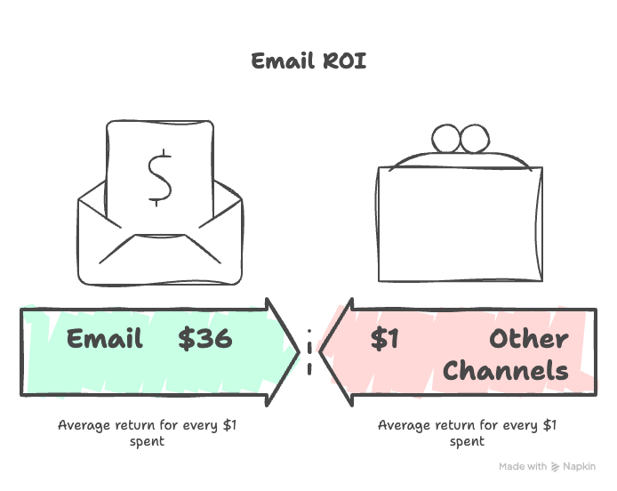 Illustration showing email ROI: $36 return for every $1 spent on email vs. $1 for other marketing channels.