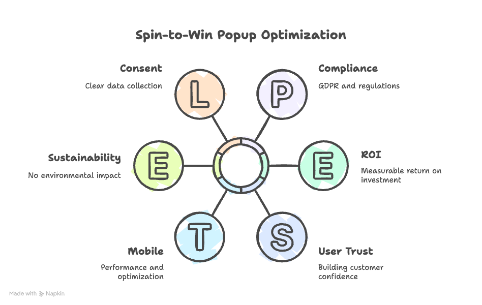 Infographic titled "Spin-to-Win Popup Optimization," featuring six key elements: Consent, Sustainability, Compliance, ROI, Mobile, and User Trust.