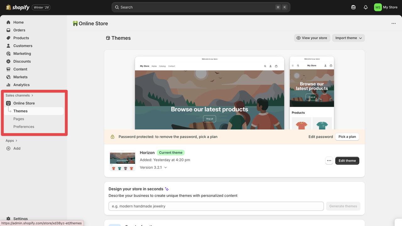 Shopify admin interface displaying the Online Store section, including Themes, a preview of the current store design, and password settings.