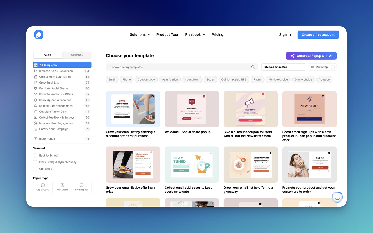 Popupsmart interface showing different popup templates