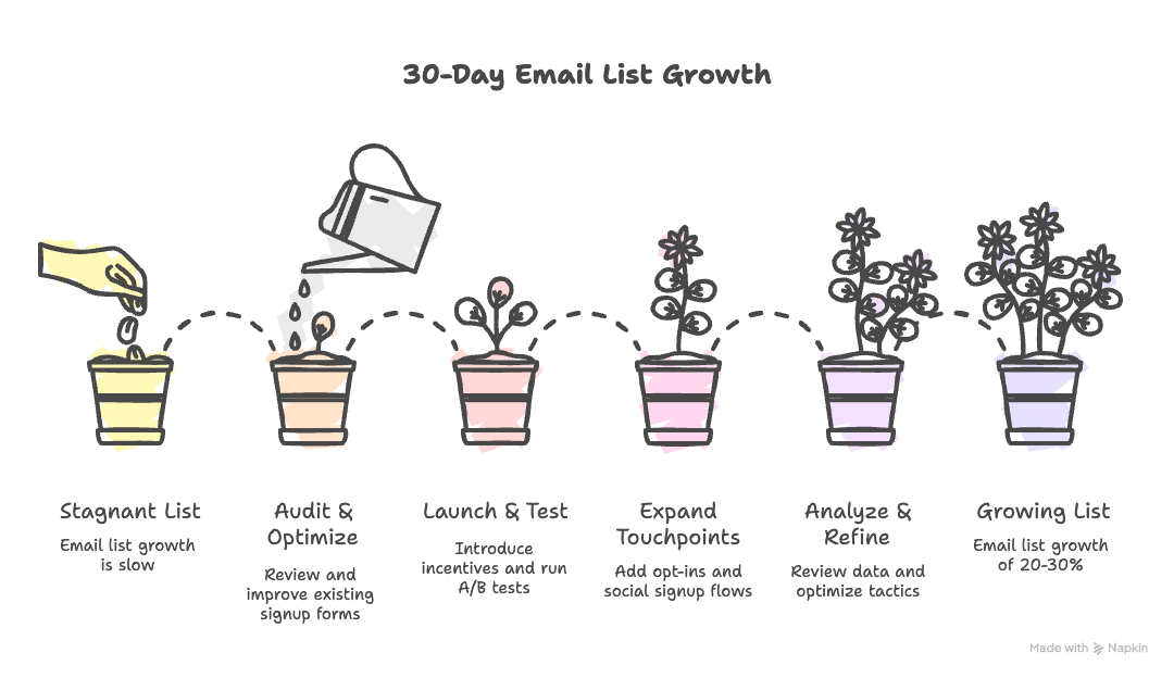 Infographic illustrating a 30-day email list growth plan, featuring stages: Stagnant List, Audit, Launch, Expand, Analyze, and Growing List.