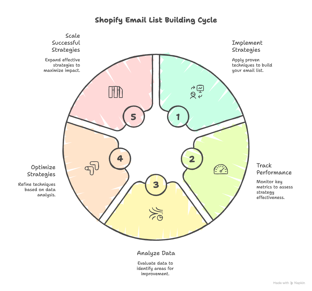 Cycle diagram outlining the steps for effective email list building, including strategies, performance analysis, and optimization.