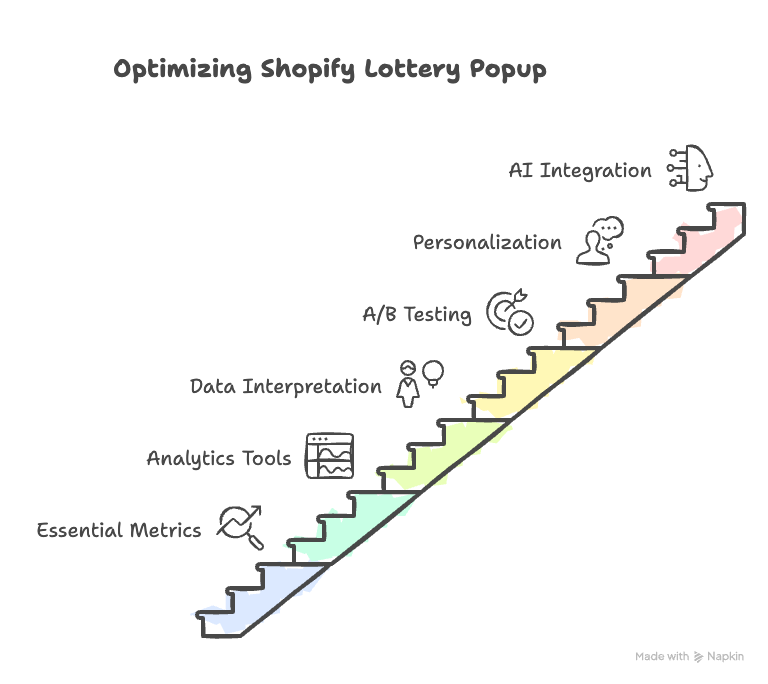 Graphic illustrating steps for optimizing a Shopify lottery popup, including AI integration, personalization, A/B testing, and analytics tools.