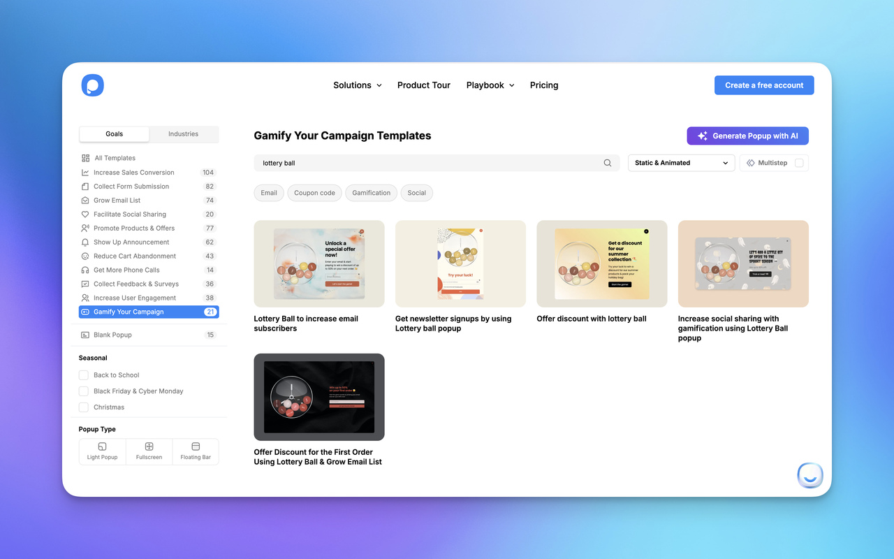 Screenshot of a digital marketing interface showcasing "Gamify Your Campaign" templates, focusing on lottery ball popups for subscriber engagement.